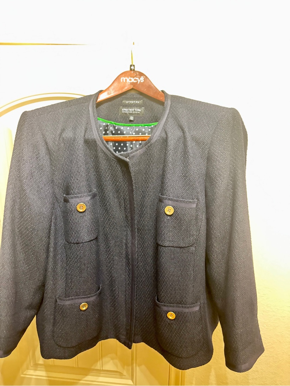 Jones New York Navy Collarless Tweed Jacket with Gold Buttons